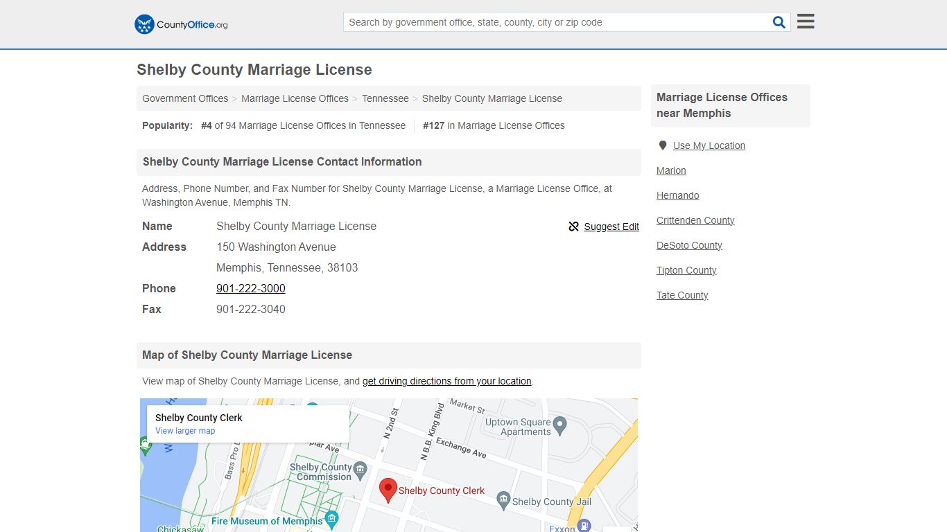 Shelby County Marriage License - Memphis, TN (Address, Phone, and Fax)